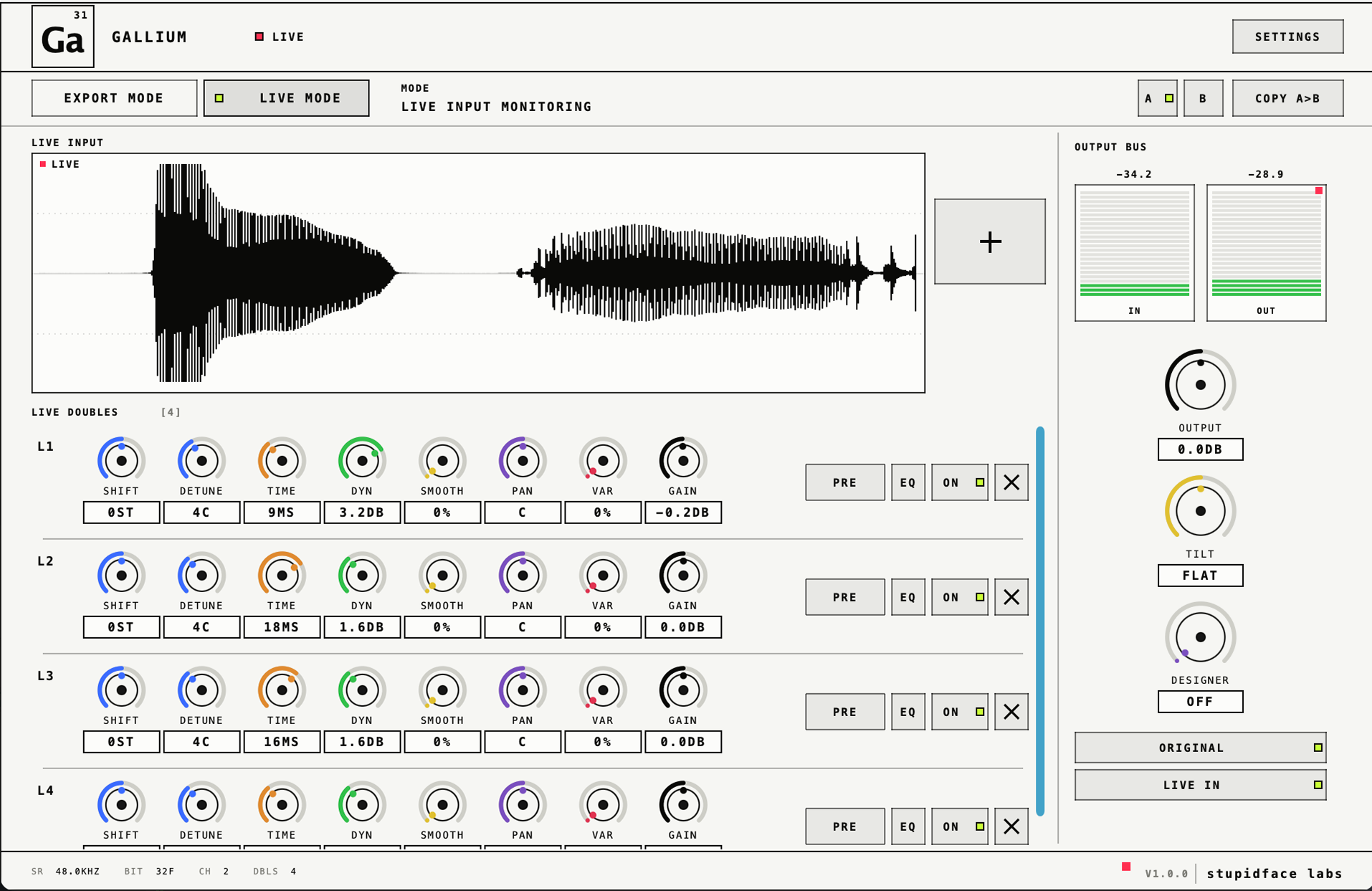 GALLIUM live mode — input oscilloscope, 4 live doubles with SHIFT/DETUNE/TIME/DYN/SMOOTH/PAN/VAR/GAIN knobs